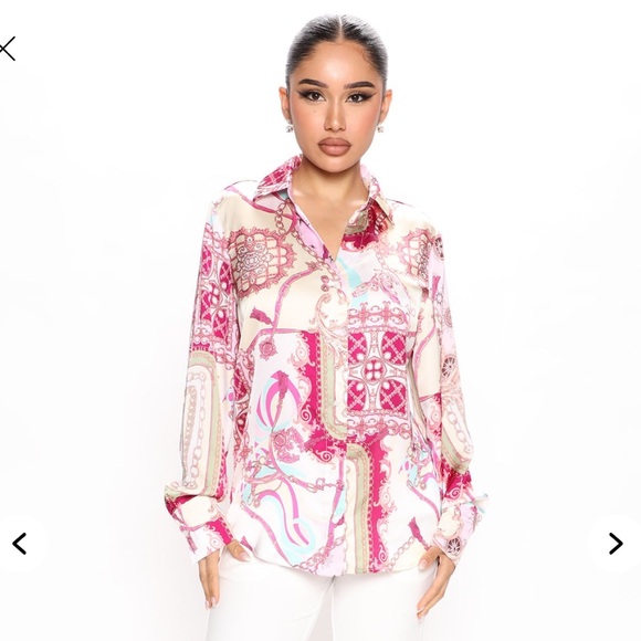 Fashion Nova Spending Spree Satin Button Down Blouse | Pink/Combo - Picture 3 of 5